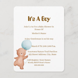 Invitation pour une Baby Shower Ourson Garçon,