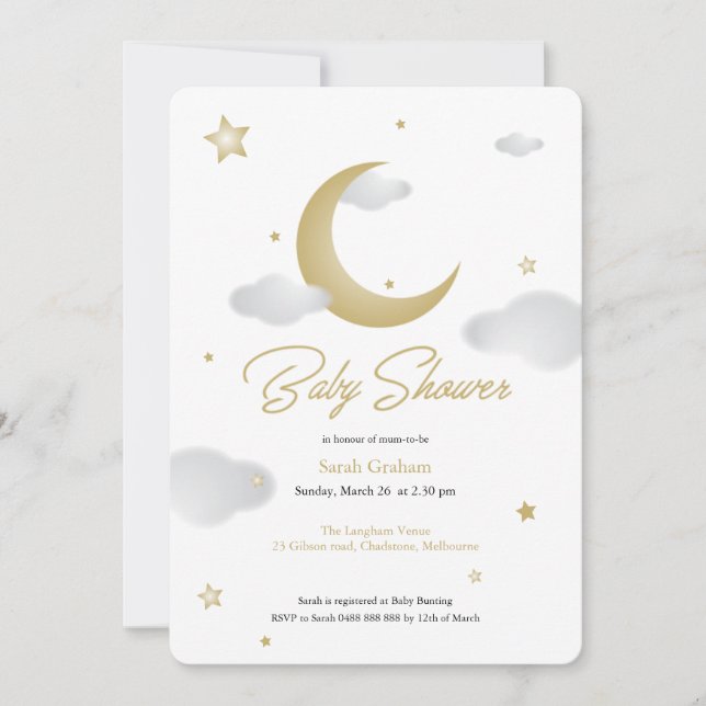 Invitation pour une baby shower thème lune et étoi (Devant)