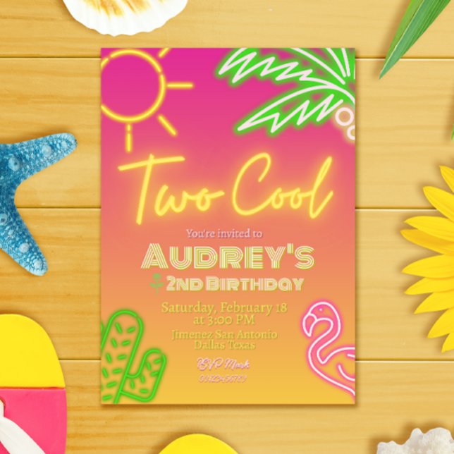 Invitation pour une fête au bord de la piscine néo (Two Cool Tropical Pink Neon Pool Party Invitation)