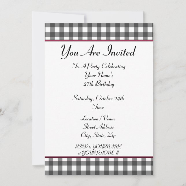 Invitation pour une fête d'anniversaire à carreaux (Devant)