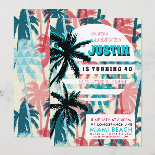 Invitation pour une fête d'anniversaire à Miami da (Devant / Derrière)