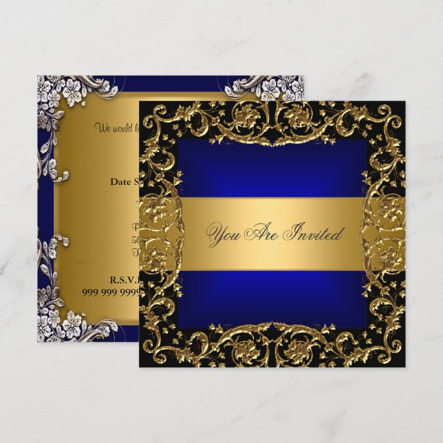 Invitation pour une fête d'anniversaire bleu et or (Devant / Derrière)