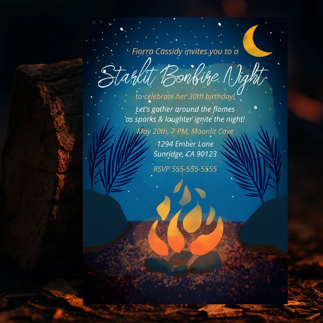 Invitation pour une fête d'anniversaire cosy au fe (Cozy Starlit Bonfire Birthday Party Invitation
)