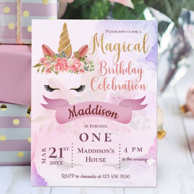 Invitation pour une fête d'anniversaire licorne au (Pastel Floral Unicorn Birthday Party Invitation Postcard)
