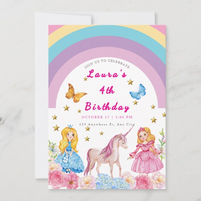 Invitation pour une fête d'anniversaire Licorne et (Devant)