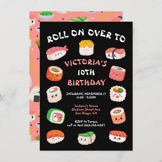 Invitation pour une fête d'anniversaire Sushi Part (Devant / Derrière)