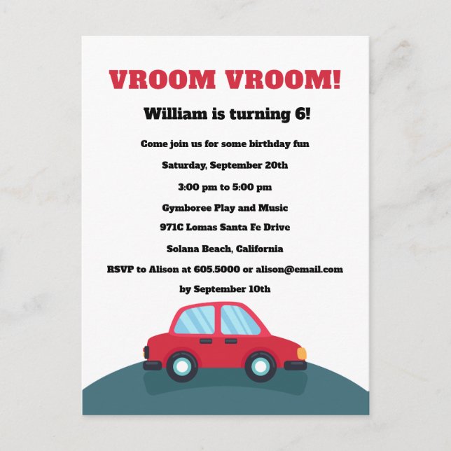 Invitation pour une fête d'anniversaire Vroom Vroo (Devant)