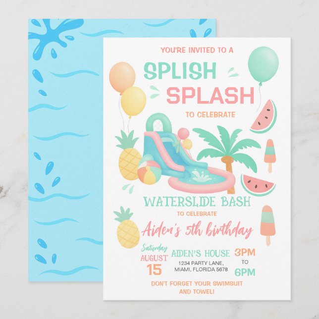 Invitation pour une fête d'anniversaire Water Slid (Devant / Derrière)