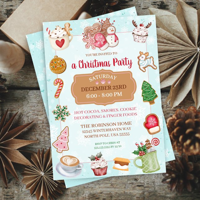 Invitation pour une fête de cookies de Noël avec d (Cute mint green aqua and pink theme christmas party invitation for cookie decorating smores holiday)