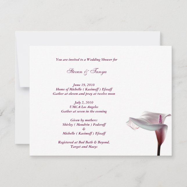 Invitation pour une fête de mariage au lys calla (Devant)