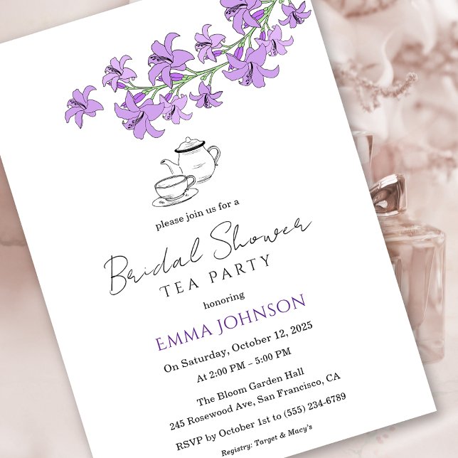 Invitation pour une fête de mariage au thé à la la (Lavender Lily Bridal Tea Party Shower Invitation)