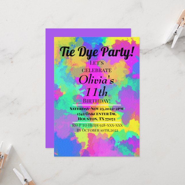 Invitation pour une fête Tie Dye Hippy Tie Dye (Devant/Arrière en situation)