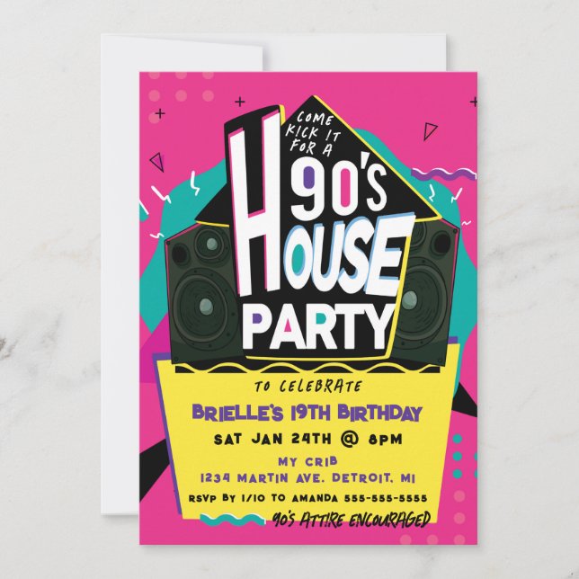 Invitation pour une soirée Pink 90's House Party (Devant)