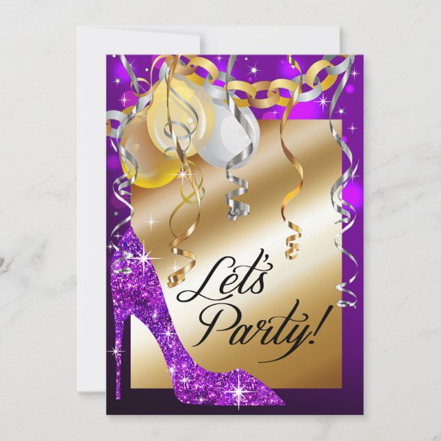 Invitation Pourpre d'anniversaire de ballons de stylet de (Devant)