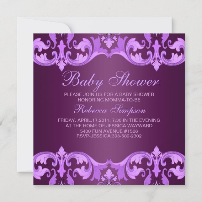 Invitation pourpre de baby shower de damassé (Devant)