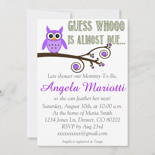 Invitation pourpre de baby shower de hibou (Devant)