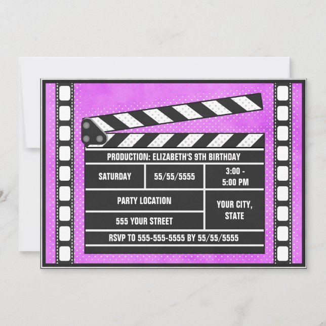 Invitation Pourpre de bardeau de fête d'anniversaire de film (Devant)