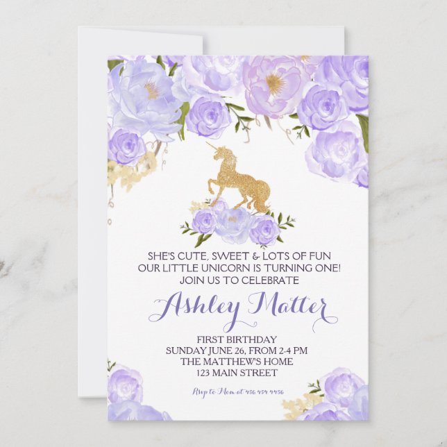 Invitation pourpre de licorne d'aquarelle de (Devant)