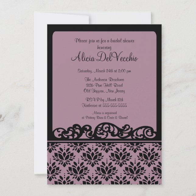 Invitation pourpre et noire de Fête de la mariée (Devant)