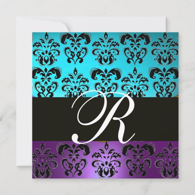 INVITATION POURPRE NOIR SARCELLE BLEU TURQUOISE DAMAS MONOGRA (Devant)