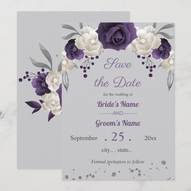 Invitation pourpre poussiéreux et fleurs blanches gris enregi (Devant / Derrière)