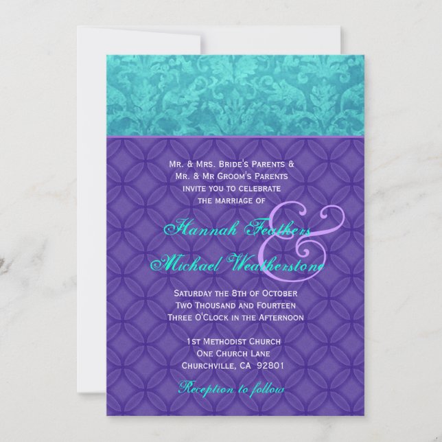 Invitation Pourpre royal et Aqua mariage damassé bleu G500 (Devant)