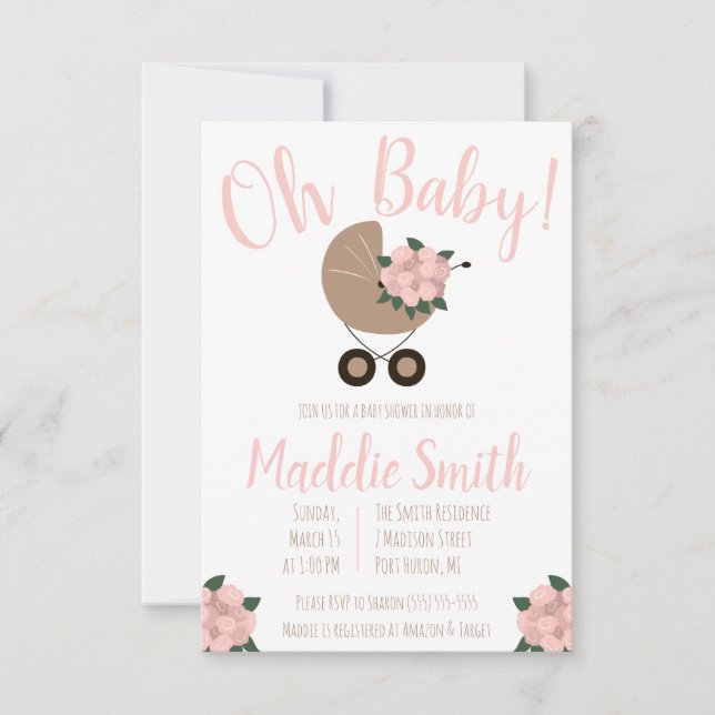 Invitation Poussette bébé avec Baby shower bouquet floral (Devant)