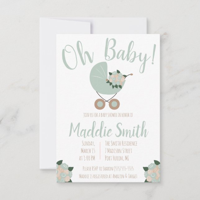 Invitation Poussette bébé avec Baby shower bouquet floral Inv (Devant)