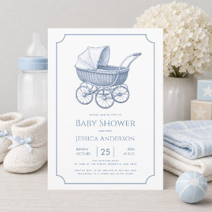 Invitation Poussette Bébé Garçon Bleu Vintage Baby Shower