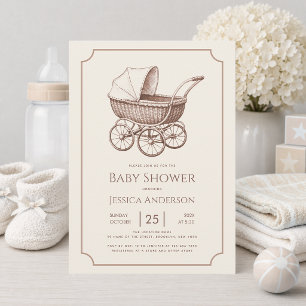 Invitation Poussette Bébé Vintage Marron Sépia Baby Shower