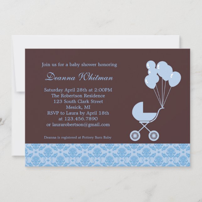 Invitation Poussette bleue avec l'invitation de baby shower (Devant)