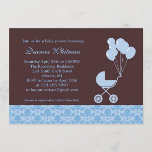 Invitation Poussette bleue avec l'invitation de baby shower