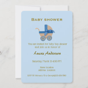 Invitation Poussette Bleue Garçon, Typographie Or sur Cyan Bl