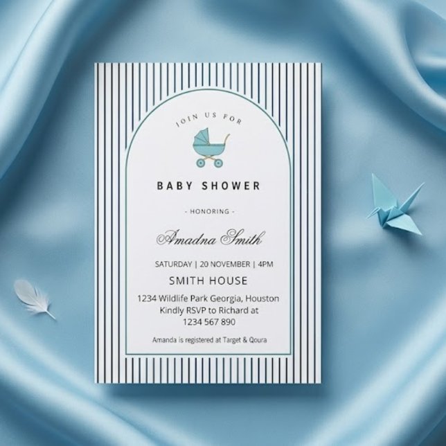 Invitation Poussette rayures bleues moderne et minimaliste po (Créateur téléchargé)