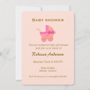 Invitation Poussette rose fille, Typographie or sur Peach Pin