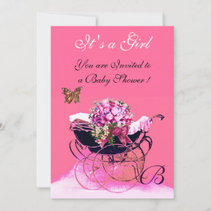 Invitation Poussette vintage avec fleurs, papillons Baby Show