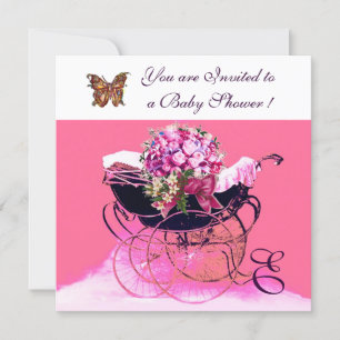 Invitation Poussette vintage avec fleurs,papillons baby showe