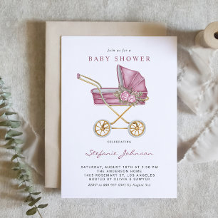 Invitation Poussette Vintage rose C'est un Baby shower fille