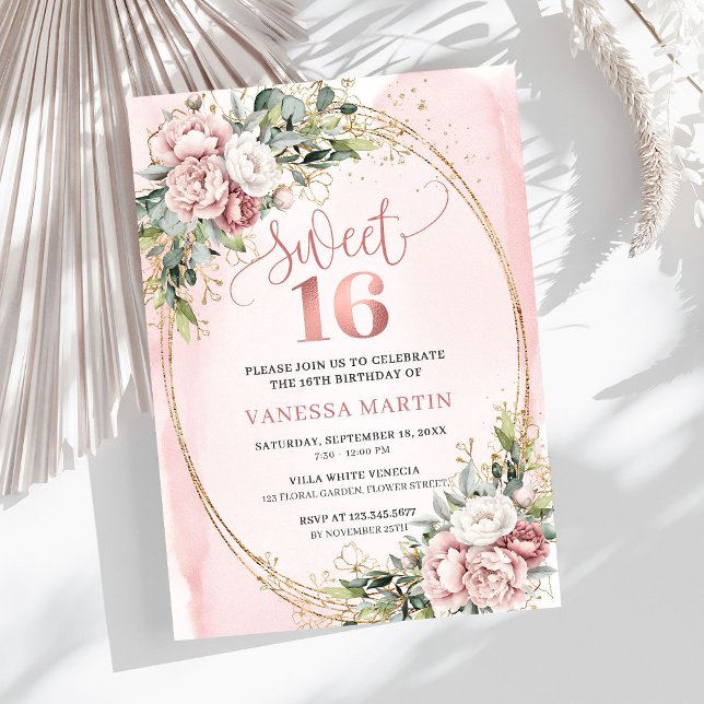 Invitation Poussière Chic Fleurs Roses Eucalyptus 16e Anniver (Chic Dusty Pink Flowers Eucalyptus 16th Birthday Invitation

)