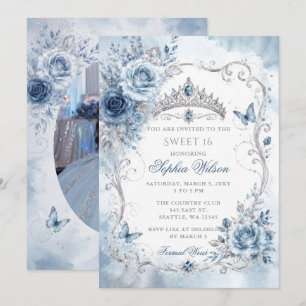 Invitation Poussière d'argent Bleu Floral Papillon Douce Phot