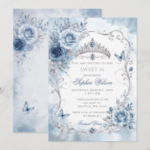 Invitation Poussière d'argent Bleu Floral Papillon Sweet 16