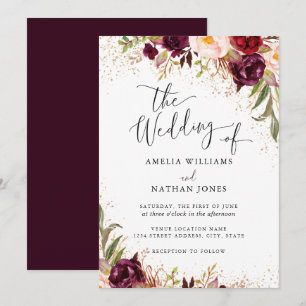 Invitation Poussière dorée Bourgogne Floral Mariage Aquarelle