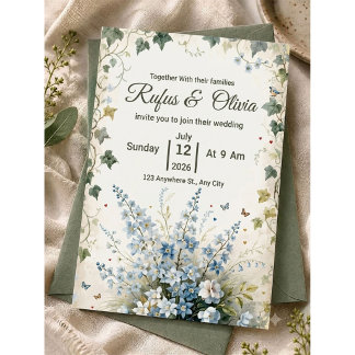 Invitation Poussiéreux Bleu Fantaisiste Fleurs et Mariage aux