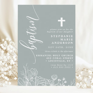 Invitation Poussiéreux Floral Blanc Sage Élégant Baptême Scri