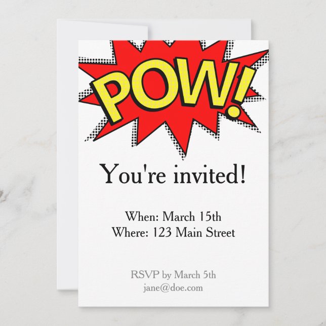 Invitation POW ! - Superhero Comédie Livre rouge/bulle jaune (Devant)