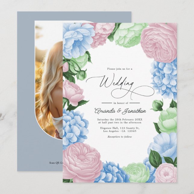 Invitation Powder Blue, Blush Pink/Light Sage Floral Wedding (Devant / Derrière)