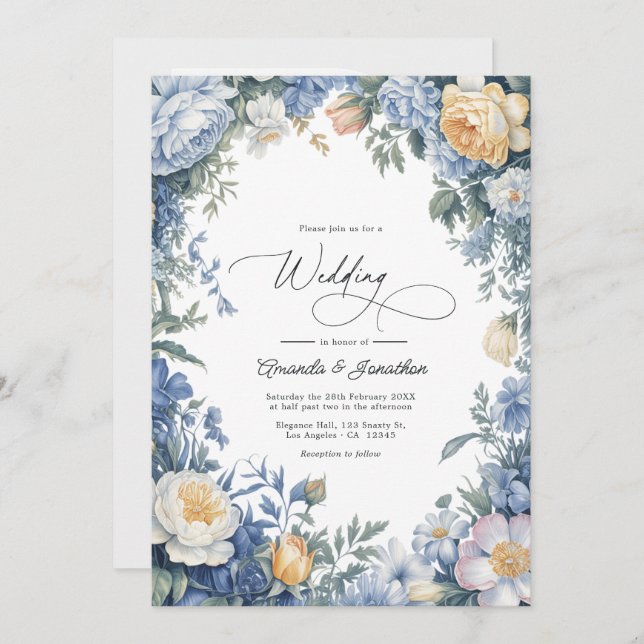 Invitation Powder Blue, Lemon Chiffon & Soft White Wedding (Devant / Derrière)