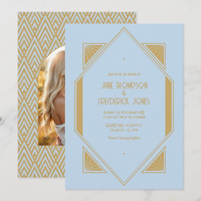 Invitation Powder Blue & Metallic Gold Art Deco Wedding Photo (Devant / Derrière)