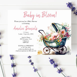 Invitation Pram Baby vintage dans Bloom Baby shower Invitatio