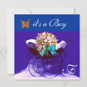 Invitation PRAM vintage, FLEURS, BETTERFLIES BÉBÉ GARÇON DOUC